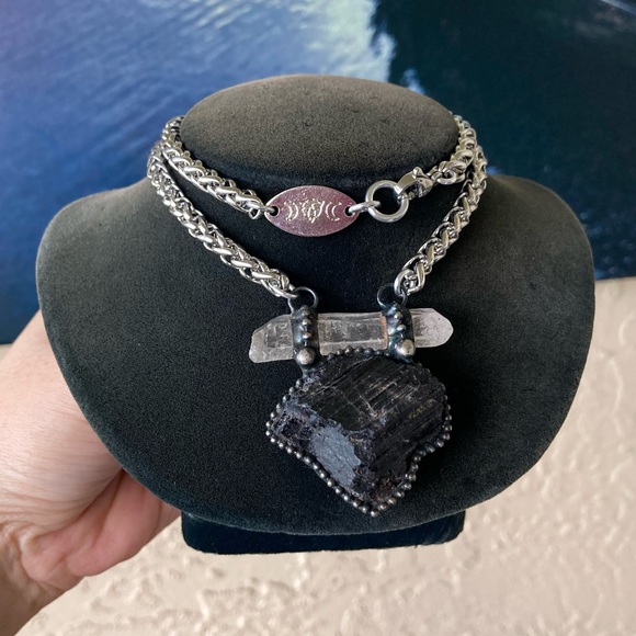 Natural black tourmaline & crystal quartz charm boho goth necklace . - Picture 13 of 14
